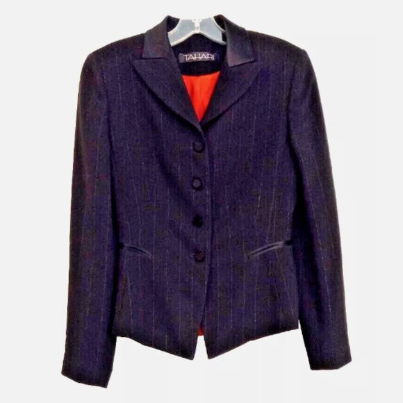 Tahari Tuxedo Style Blazer Sz 2 Black Pinstripe 4 Button Red Satin Lined - Picture 1 of 13